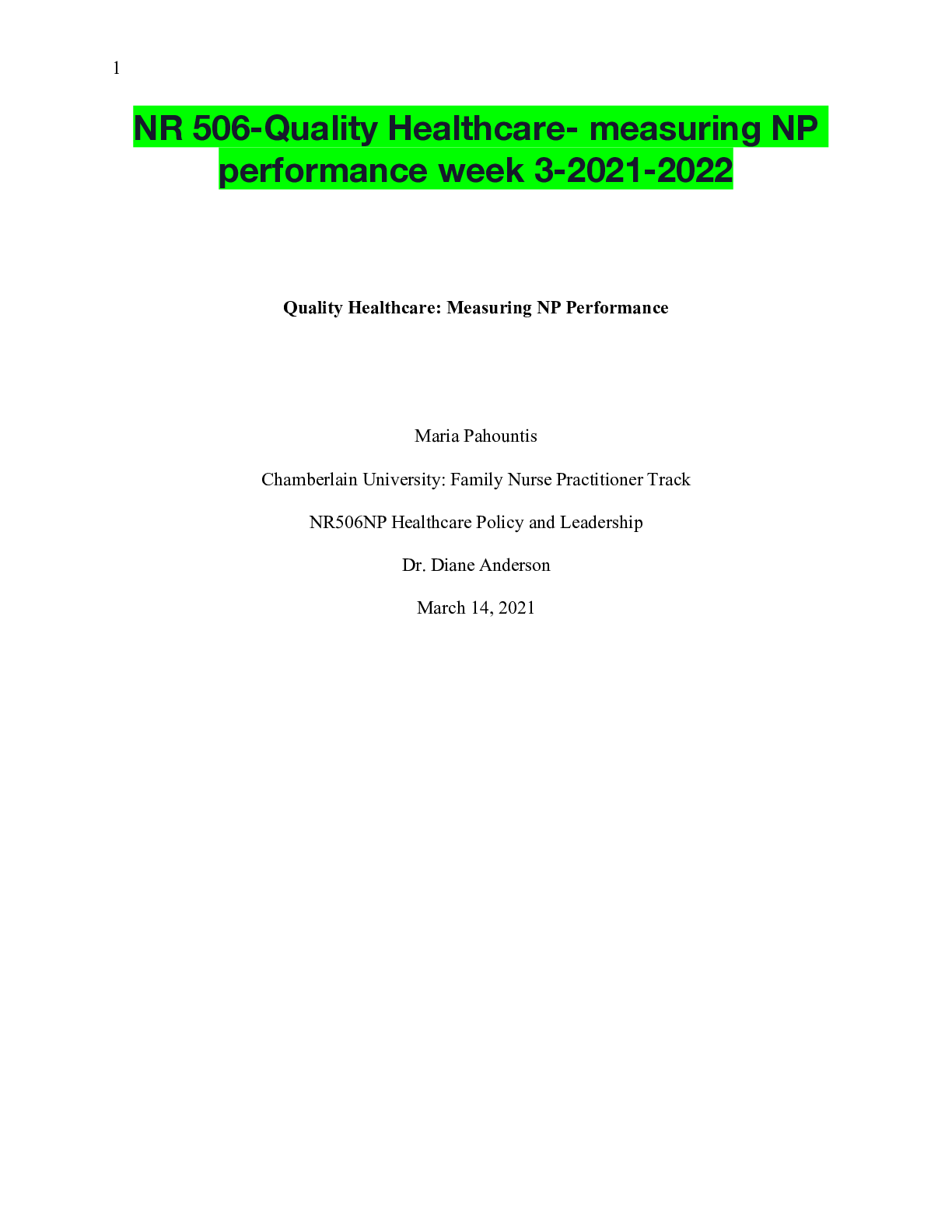 Preview of NR 506-Quality Healthcare- measuring NP performance week 3-2021-2022